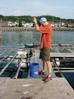 Allen collecting traps from the floating docks